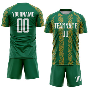 Custom Kelly Green White-Old Gold Abstract Shape Sublimation Soccer Uniform Jersey