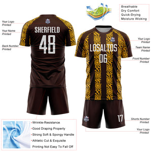 Custom Brown White-Gold Abstract Shape Sublimation Soccer Uniform Jersey