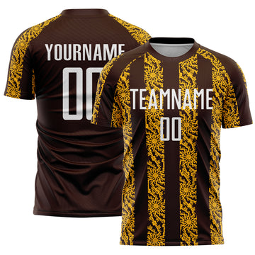 Custom Brown White-Gold Abstract Shape Sublimation Soccer Uniform Jersey