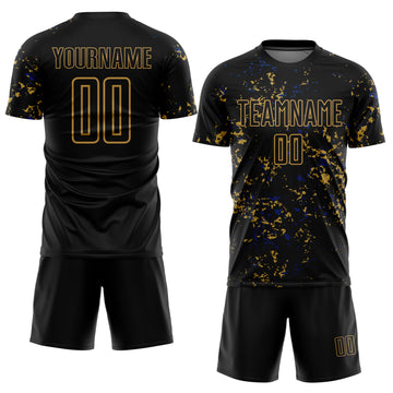 Custom Black Old Gold-Royal Abstract Fragment Art Sublimation Soccer Uniform Jersey