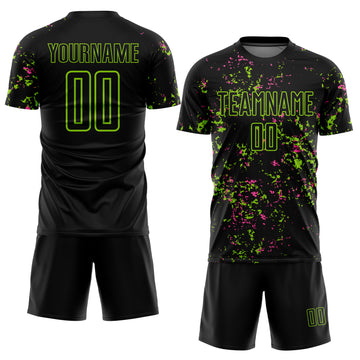 Custom Black Neon Green-Pink Abstract Fragment Art Sublimation Soccer Uniform Jersey