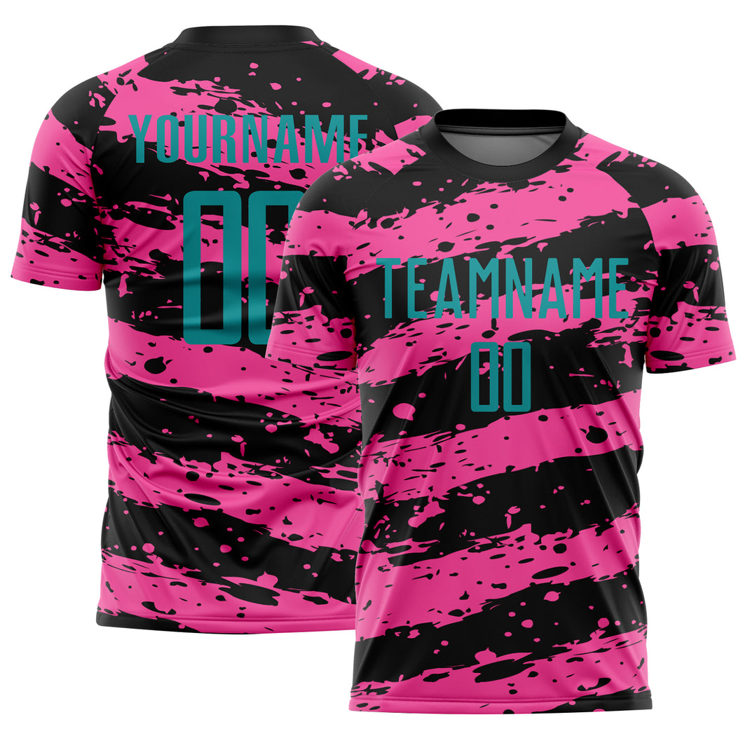 Custom Black Teal-Pink Splash Sublimation Soccer Uniform Jersey