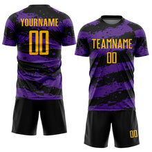 Загрузить изображение в средство просмотра галереи, Custom Black Gold-Purple Splash Sublimation Soccer Uniform Jersey
