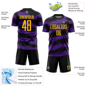 Custom Black Gold-Purple Splash Sublimation Soccer Uniform Jersey