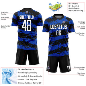 Custom Black White-Thunder Blue Splash Sublimation Soccer Uniform Jersey