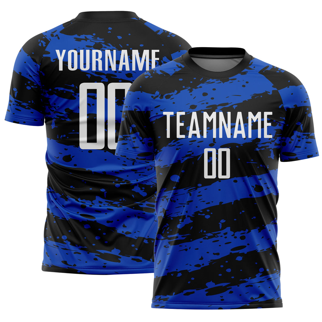 Custom Black White-Thunder Blue Splash Sublimation Soccer Uniform Jersey