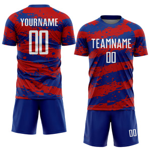 Custom Royal White-Red Splash Sublimation Soccer Uniform Jersey