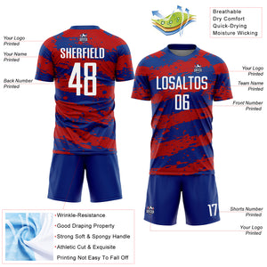 Custom Royal White-Red Splash Sublimation Soccer Uniform Jersey