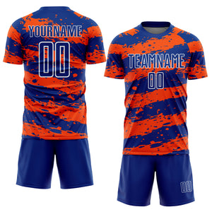 Custom Royal Orange-White Splash Sublimation Soccer Uniform Jersey