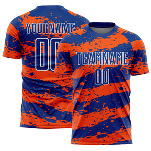 Custom Royal Orange-White Splash Sublimation Soccer Uniform Jersey