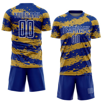 Custom Royal Old Gold-White Splash Sublimation Soccer Uniform Jersey