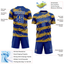 Laden Sie das Bild in den Galerie-Viewer, Custom Royal Old Gold-White Splash Sublimation Soccer Uniform Jersey
