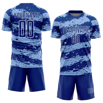 Custom Royal Light Blue-White Splash Sublimation Soccer Uniform Jersey