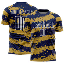 Charger l&#39;image dans la galerie, Custom Navy Old Gold-White Splash Sublimation Soccer Uniform Jersey
