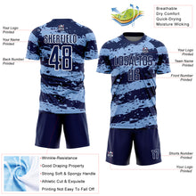 Charger l&#39;image dans la galerie, Custom Navy Light Blue-White Splash Sublimation Soccer Uniform Jersey
