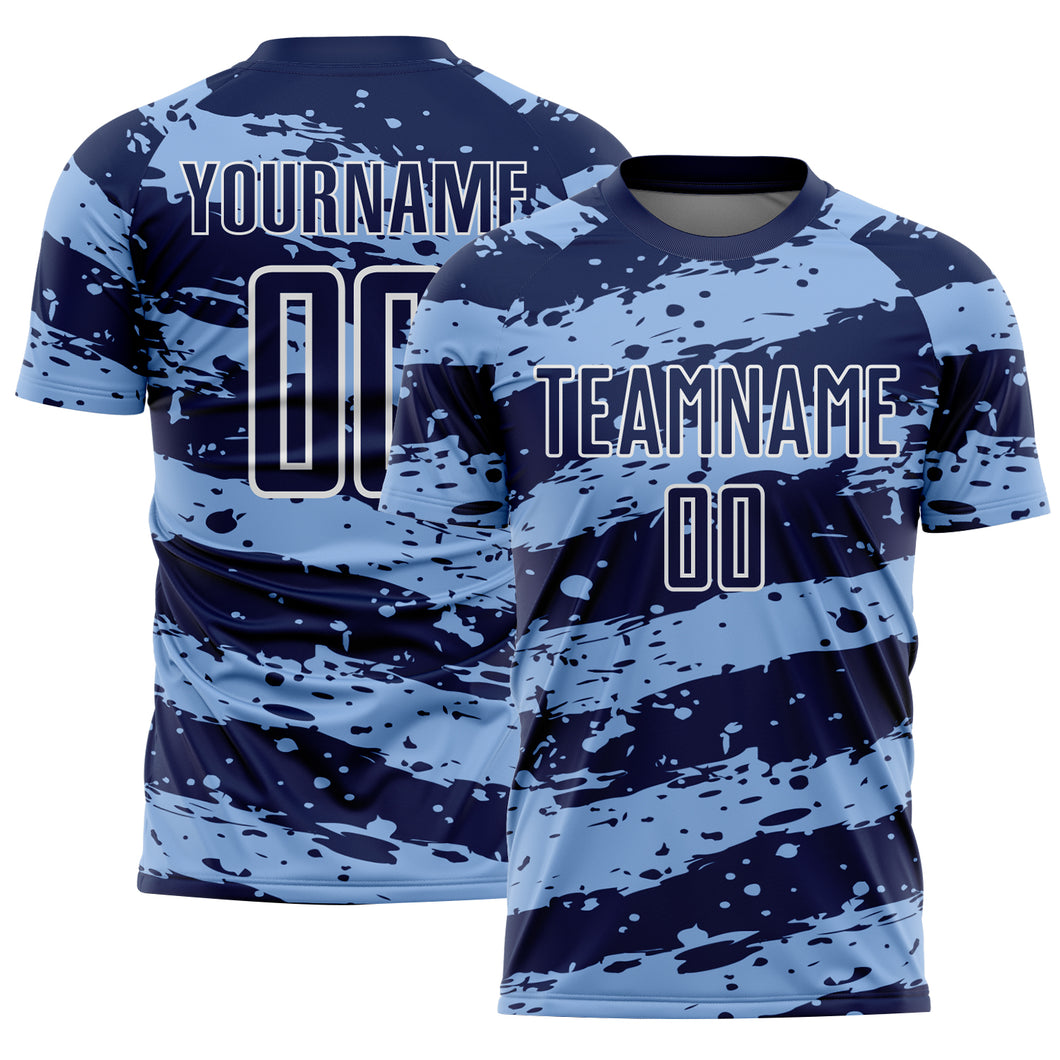 Custom Navy Light Blue-White Splash Sublimation Soccer Uniform Jersey