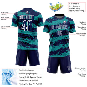 Custom Navy Teal-White Splash Sublimation Soccer Uniform Jersey