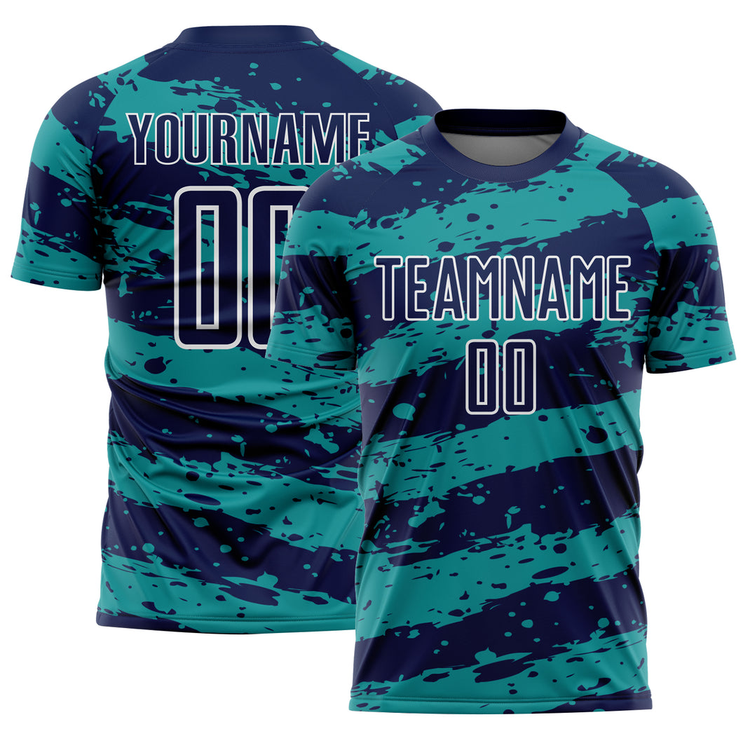 Custom Navy Teal-White Splash Sublimation Soccer Uniform Jersey