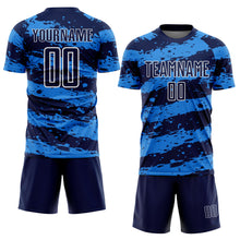 Charger l&#39;image dans la galerie, Custom Navy Powder Blue-White Splash Sublimation Soccer Uniform Jersey
