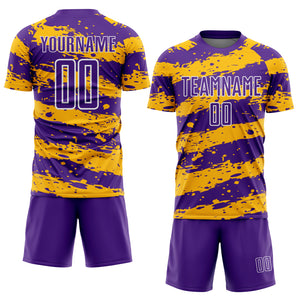 Custom Purple Gold-White Splash Sublimation Soccer Uniform Jersey