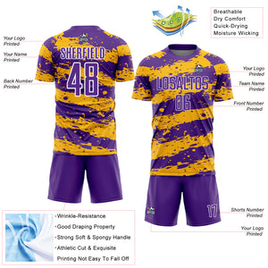 Custom Purple Gold-White Splash Sublimation Soccer Uniform Jersey