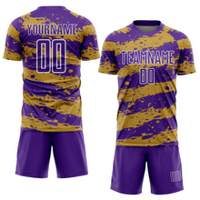 Загрузить изображение в средство просмотра галереи, Custom Purple Old Gold-White Splash Sublimation Soccer Uniform Jersey
