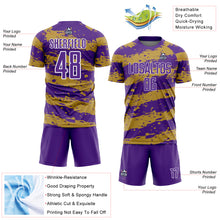 Загрузить изображение в средство просмотра галереи, Custom Purple Old Gold-White Splash Sublimation Soccer Uniform Jersey
