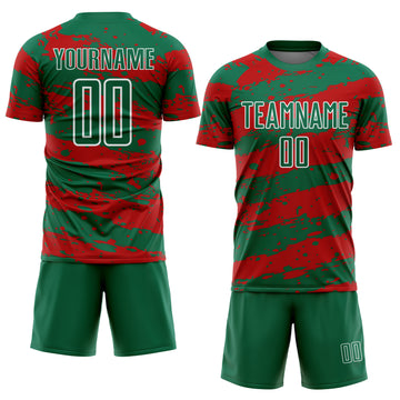 Custom Kelly Green Red-White Splash Sublimation Soccer Uniform Jersey