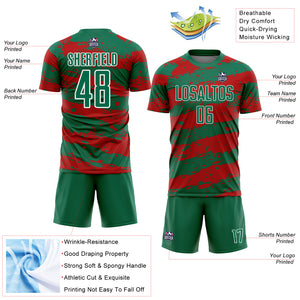 Custom Kelly Green Red-White Splash Sublimation Soccer Uniform Jersey