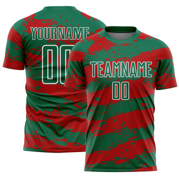 Custom Kelly Green Red-White Splash Sublimation Soccer Uniform Jersey