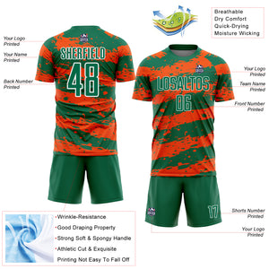 Custom Kelly Green Orange-White Splash Sublimation Soccer Uniform Jersey