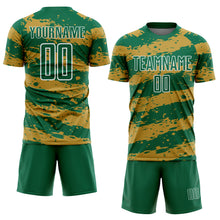 Charger l&#39;image dans la galerie, Custom Kelly Green Old Gold-White Splash Sublimation Soccer Uniform Jersey
