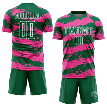 Custom Kelly Green Pink-White Splash Sublimation Soccer Uniform Jersey