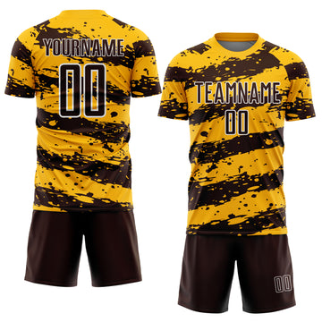 Custom Gold Brown-White Splash Sublimation Soccer Uniform Jersey