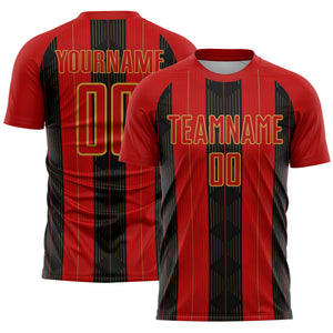 Custom Red Old Gold-Black Line Sublimation Soccer Uniform Jersey