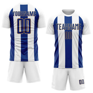 Custom White Royal-Old Gold Line Sublimation Soccer Uniform Jersey