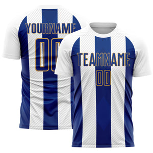 Custom White Royal-Old Gold Line Sublimation Soccer Uniform Jersey