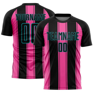 Custom Black Pink-Teal Line Sublimation Soccer Uniform Jersey