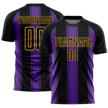 Load image into Gallery viewer, Custom Black Purple-Gold Line Sublimation Soccer Uniform Jersey
