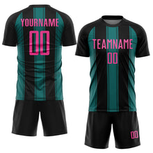 Загрузить изображение в средство просмотра галереи, Custom Black Pink-Teal Line Sublimation Soccer Uniform Jersey
