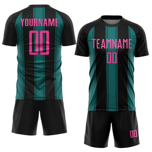 Custom Black Pink-Teal Line Sublimation Soccer Uniform Jersey