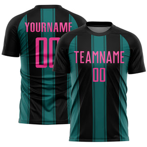 Custom Black Pink-Teal Line Sublimation Soccer Uniform Jersey