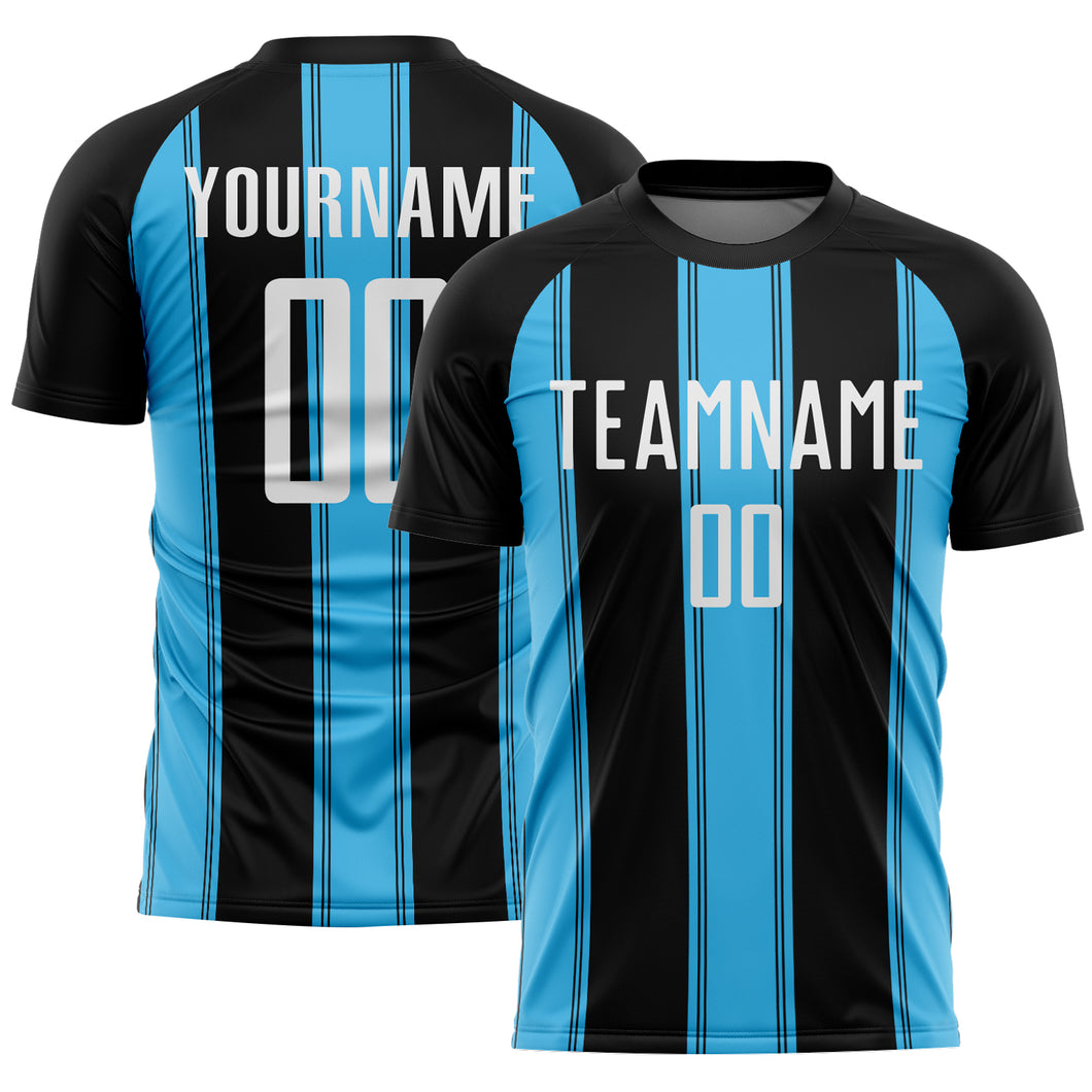 Custom Black White-Sky Blue Line Sublimation Soccer Uniform Jersey