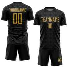 Load image into Gallery viewer, Custom Black Old Gold Geometric Shapes Sublimation Soccer Uniform Jersey
