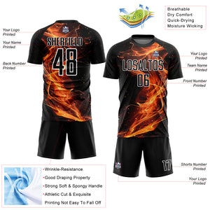 Custom Black Gold-White Flame Sublimation Soccer Uniform Jersey