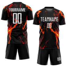 Load image into Gallery viewer, Custom Black White-Gold Flame Sublimation Soccer Uniform Jersey
