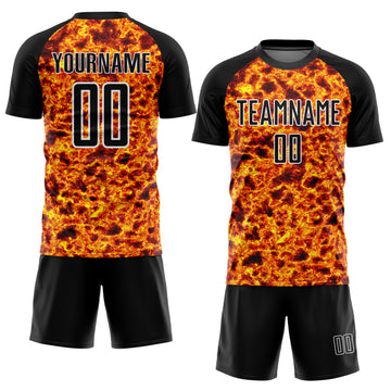 Custom Black Gold-White Flame Sublimation Soccer Uniform Jersey