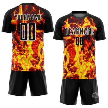 Custom Black Gold-White Flame Sublimation Soccer Uniform Jersey