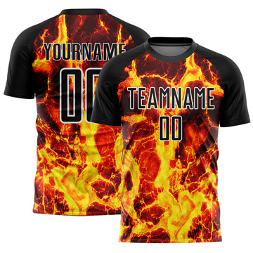 Custom Black Gold-White Flame Sublimation Soccer Uniform Jersey