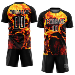 Custom Black Gold-White Flame Sublimation Soccer Uniform Jersey